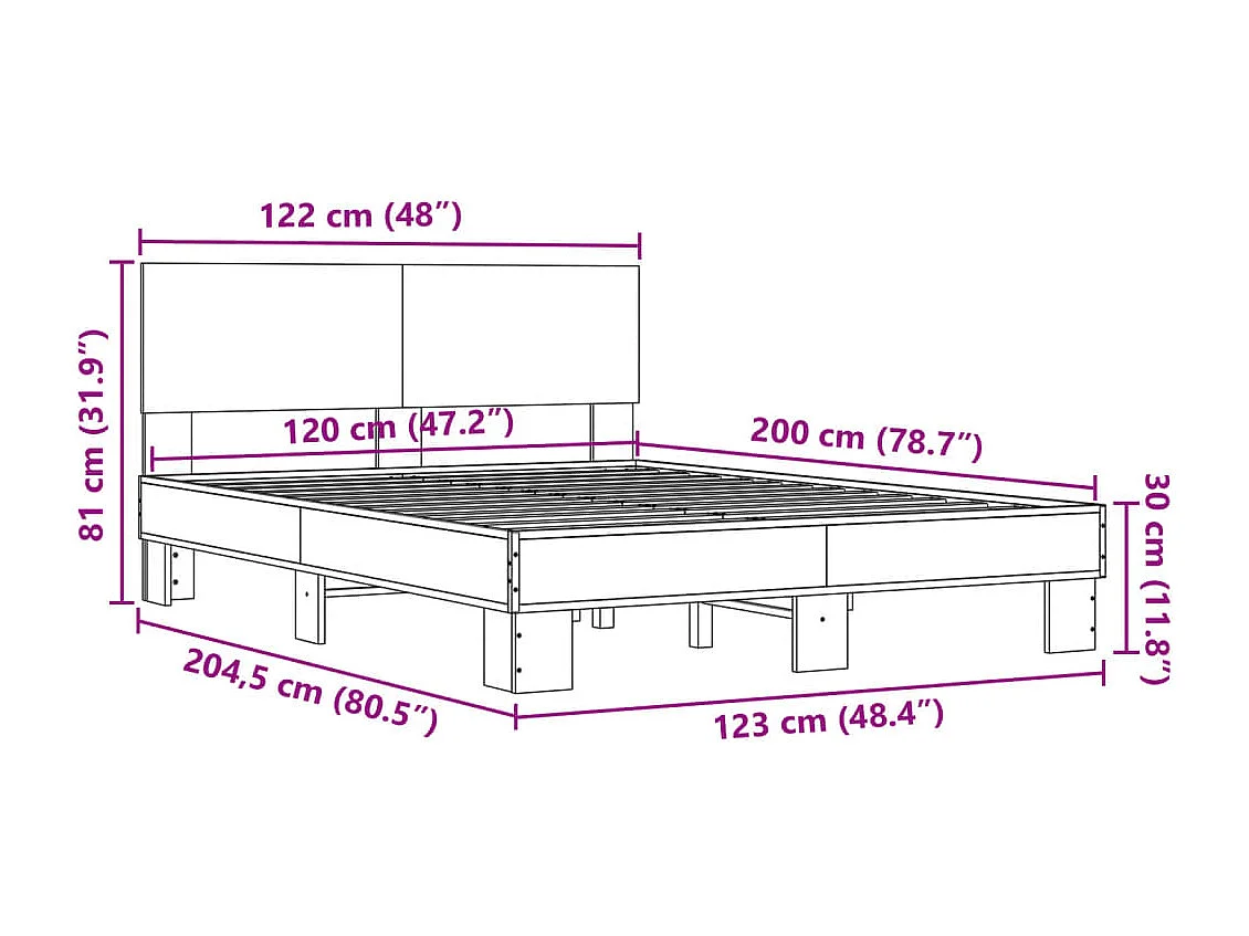 Estructura cama madera ingeniería metal marrón roble 120x200 cm