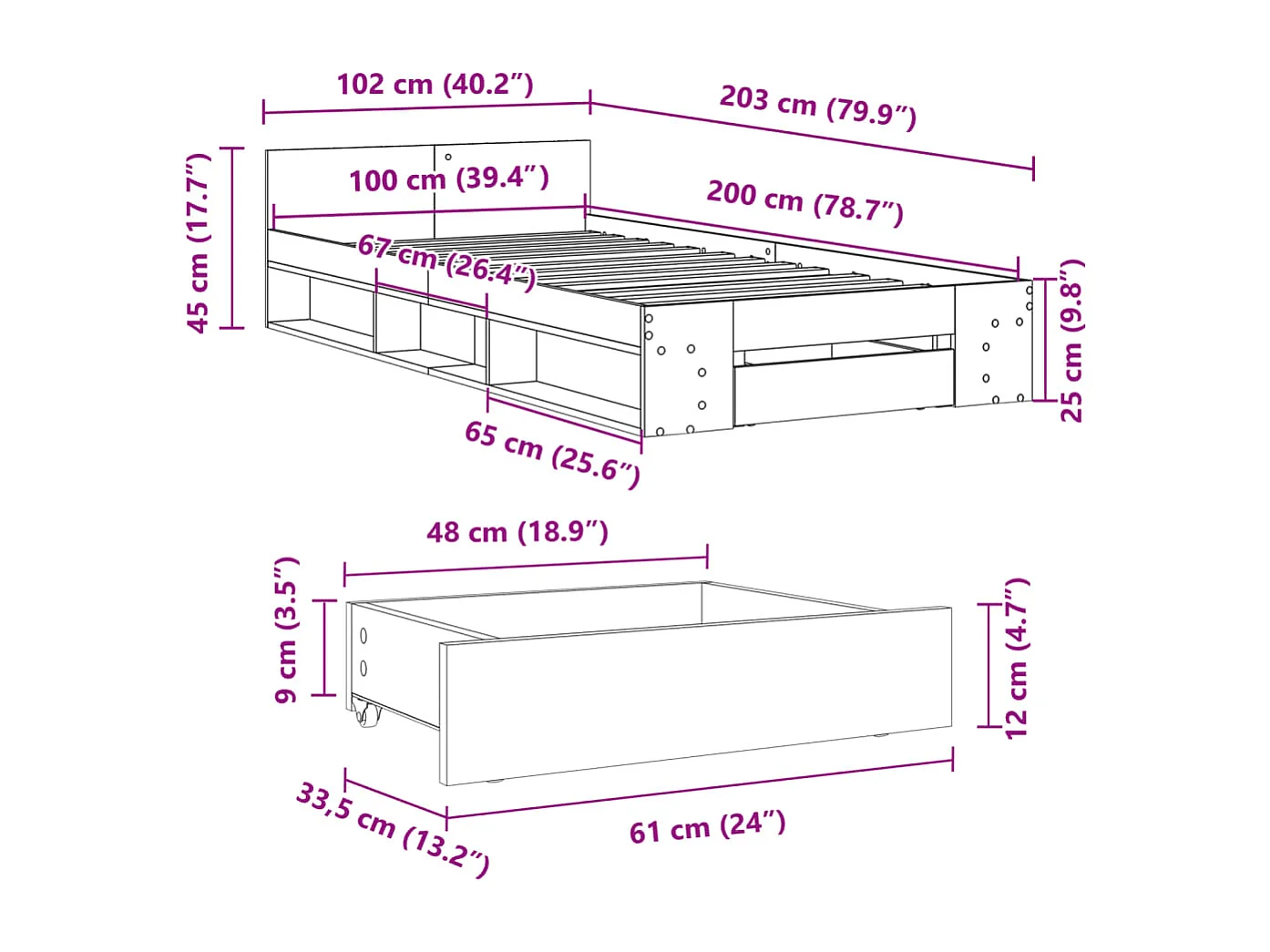Bettgestell mit Schublade Schwarz 100x200 cm Holzwerkstoff