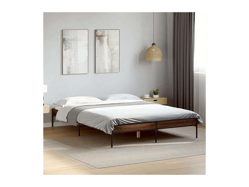 Bedframe bewerkt hout metaal bruin eikenkleur 135x190 cm