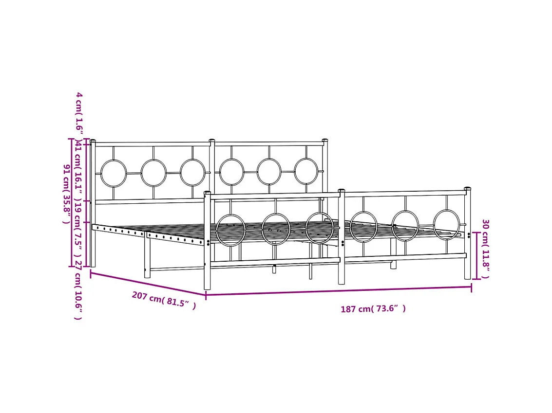Cadre de lit métal sans matelas et pied de lit blanc 137x190 cm