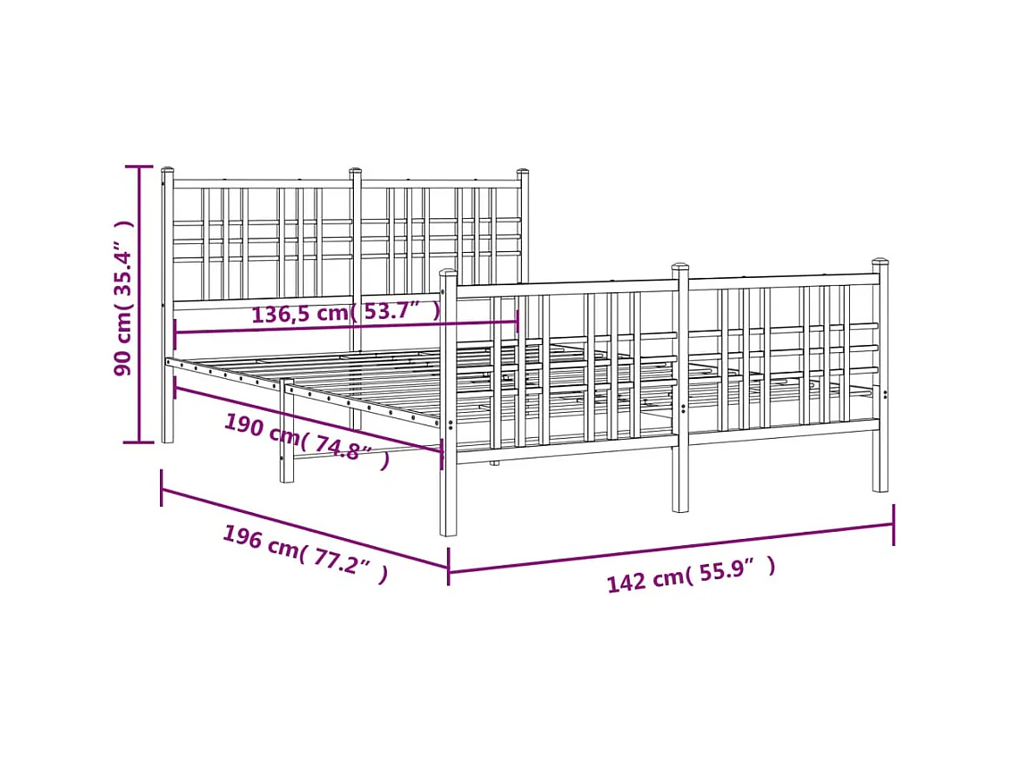 Cadre de lit métal sans matelas et pied de lit blanc 137x190 cm