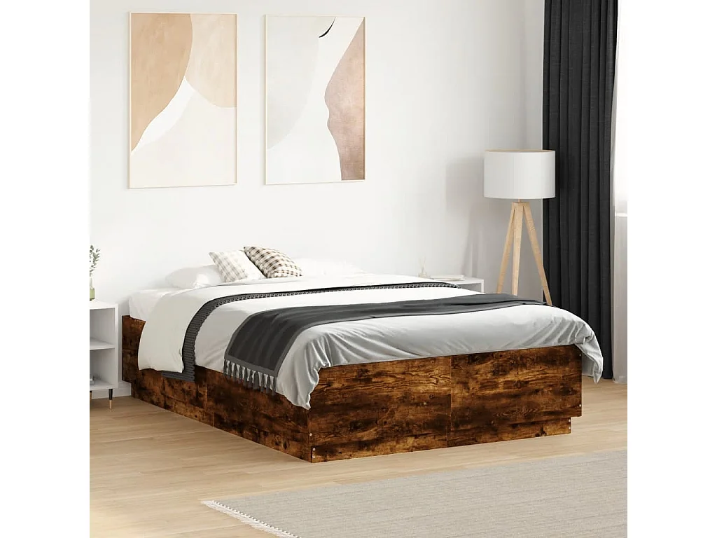 Estructura de cama madera de ingeniería roble ahumado 135x190cm