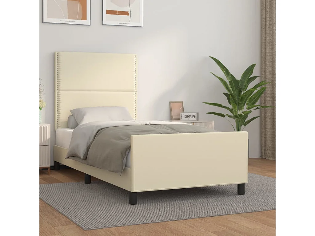 Estrutura de cama c/ cabeceira couro artificial 80x200 cm creme