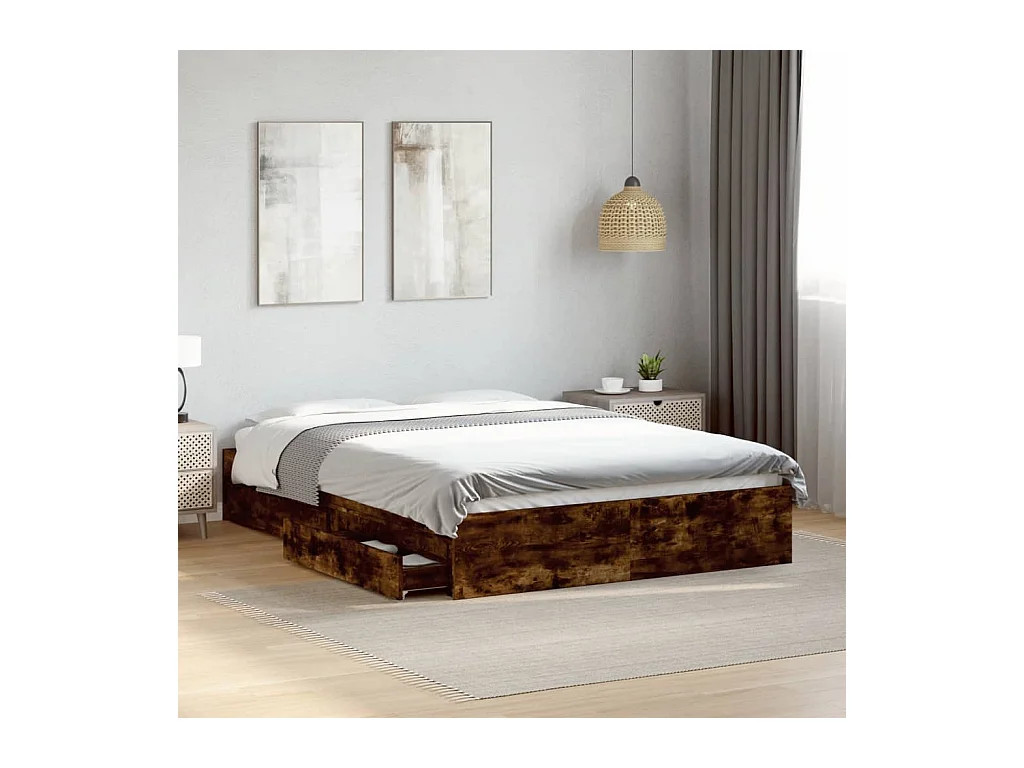 Cadre de lit avec tiroirs sans matelas chêne fumé 135x190 cm