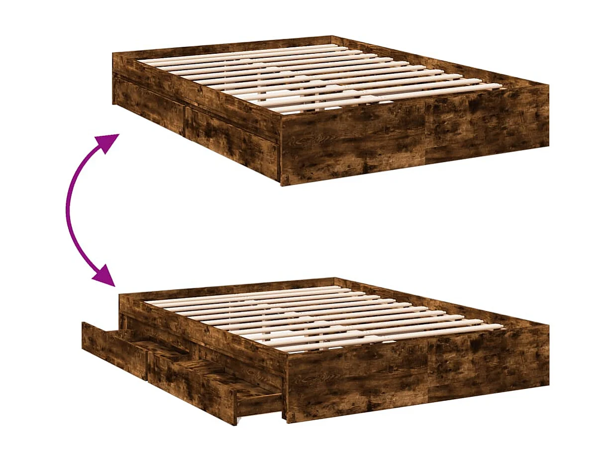 Cadre de lit avec tiroirs sans matelas chêne fumé 135x190 cm