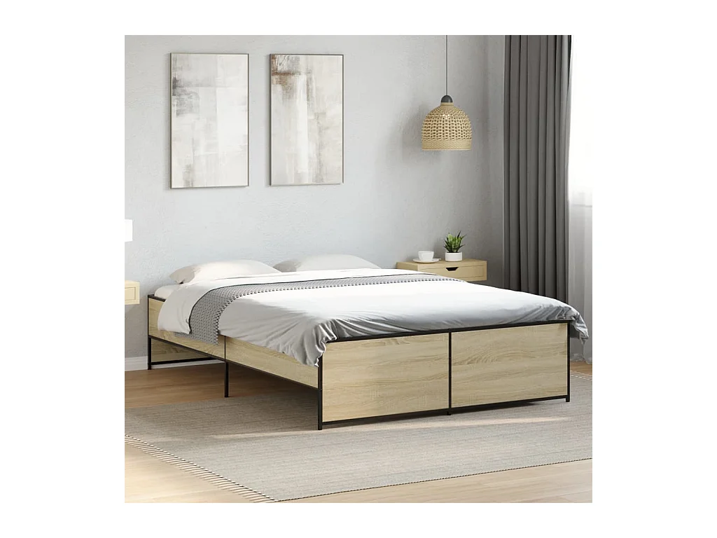 Bedframe bewerkt hout metaal sonoma eikenkleurig 90x190 cm