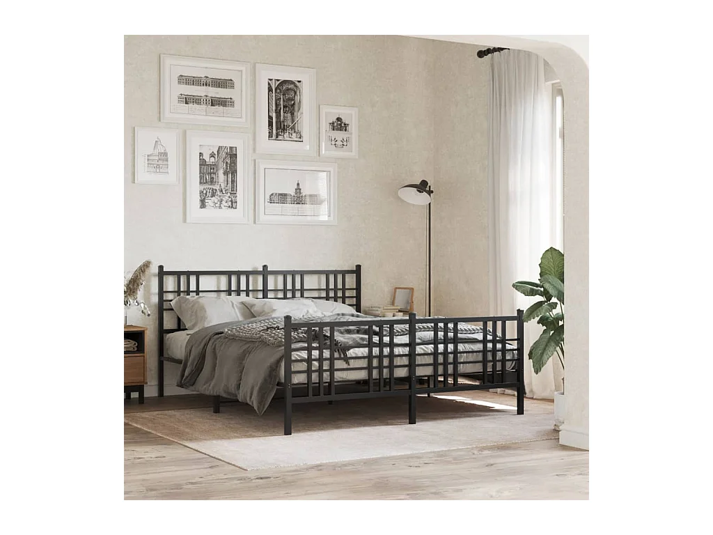 Cadre de lit métal sans matelas avec pied de lit noir 150x200cm