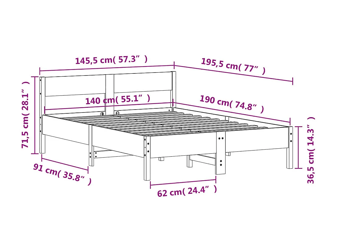 Cama sem colchão 140x190 cm madeira de pinho maciça