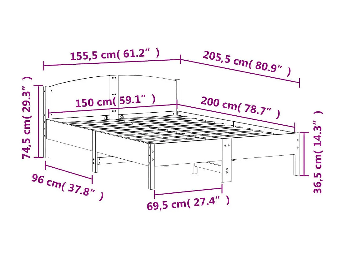 Cama sem colchão 150x200 cm madeira de pinho maciça