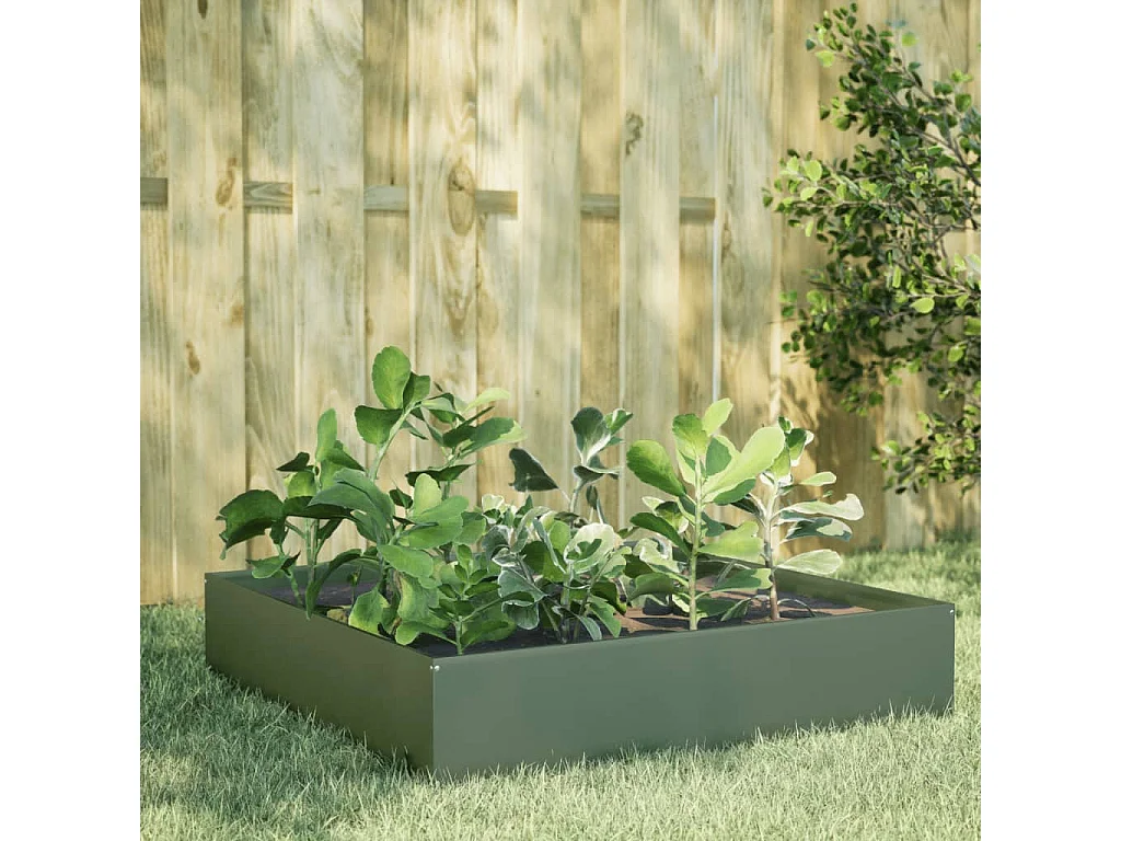 Lit surélevé de jardin vert olive 100x100x33,5 cm acier
