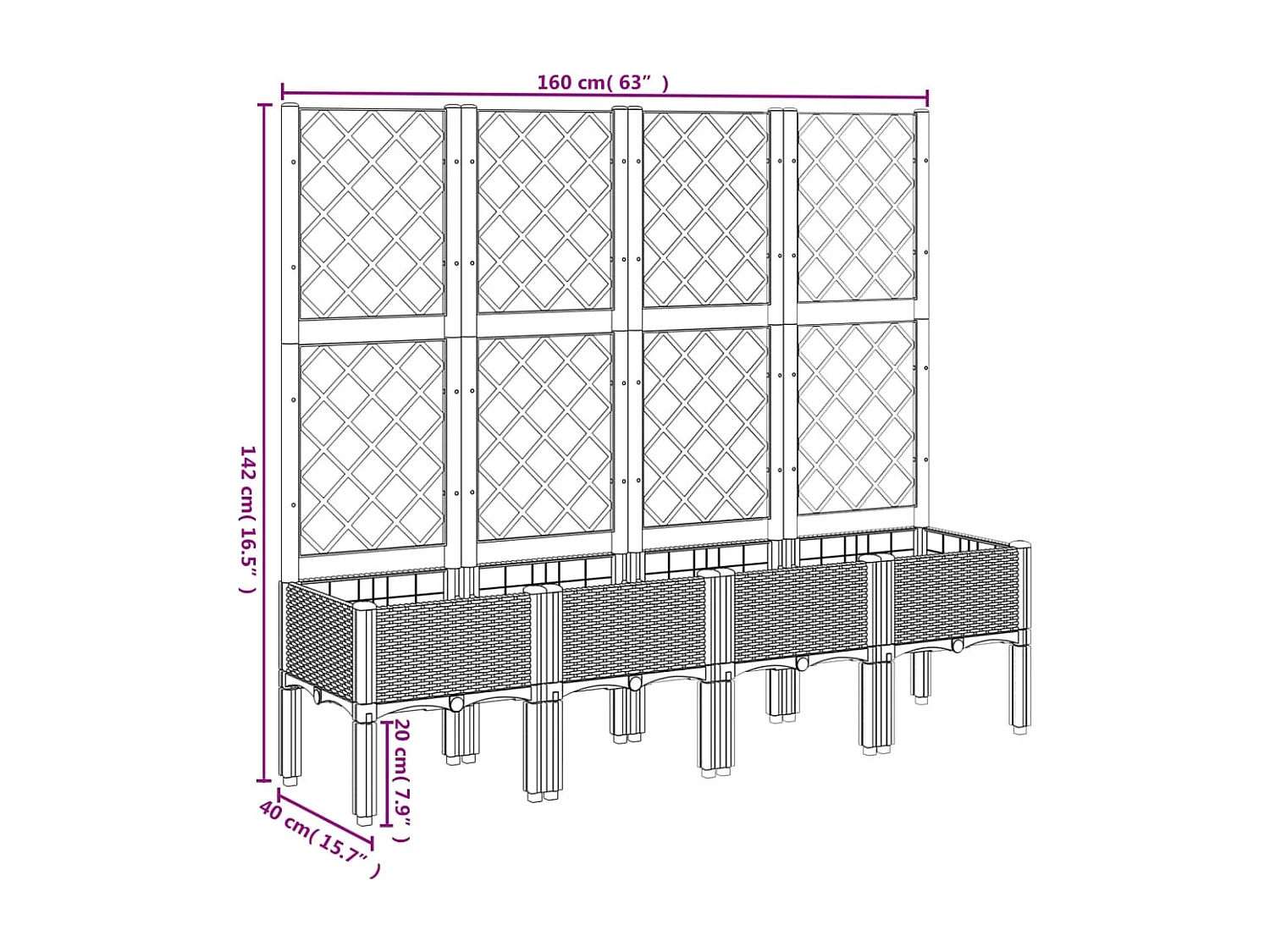 Vaso/floreira de jardim c/ treliça 160x40x142 cm PP cinzento