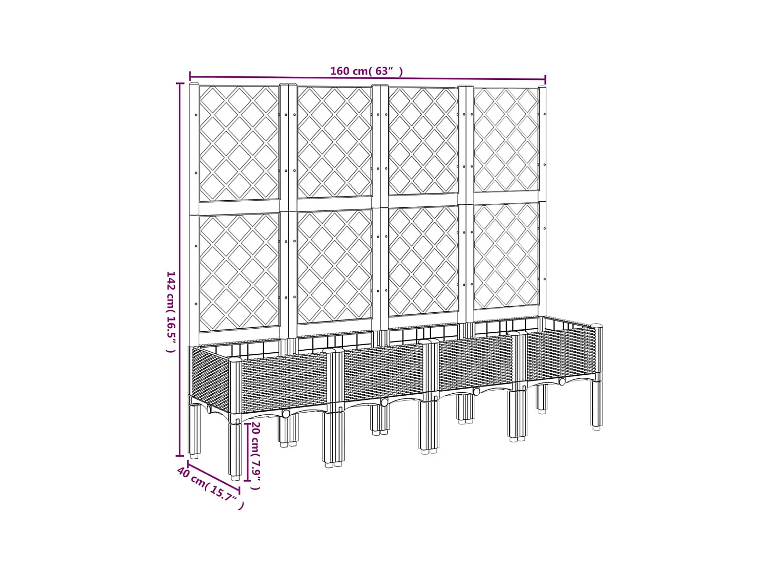 Plantenbak met latwerk 160x40x142 cm polypropeen grijs