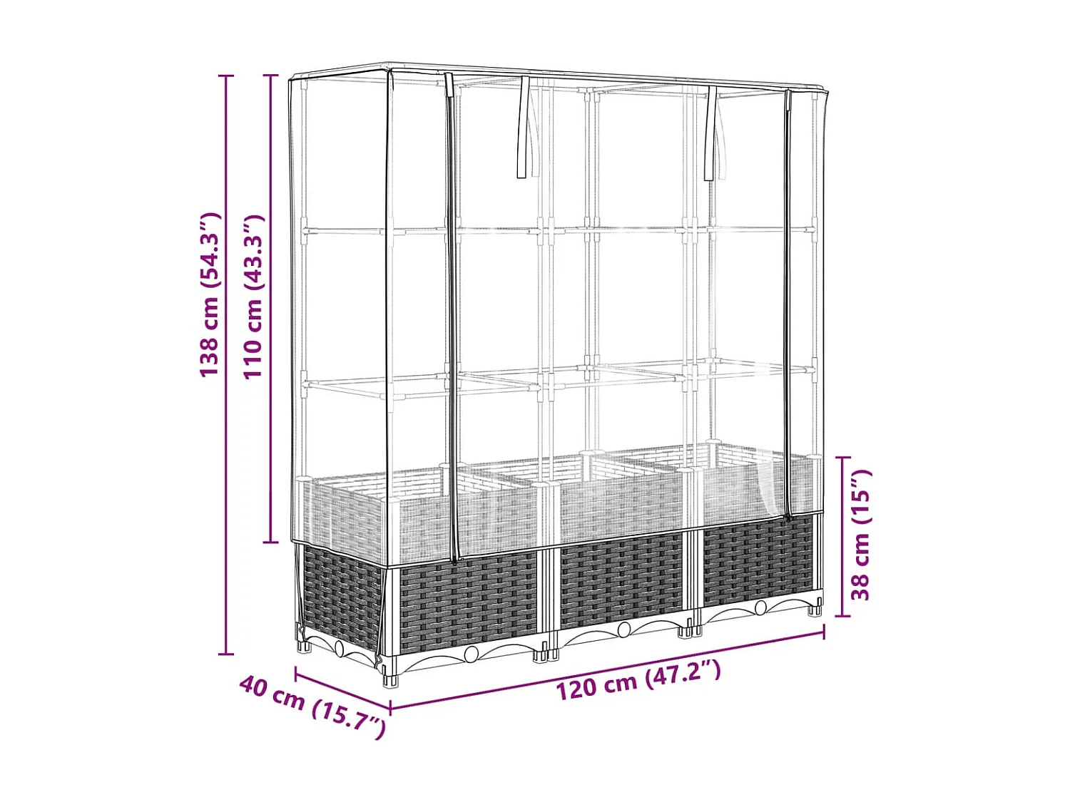 Jardinière surélevée avec housse aspect rotin 120x40x138 cm