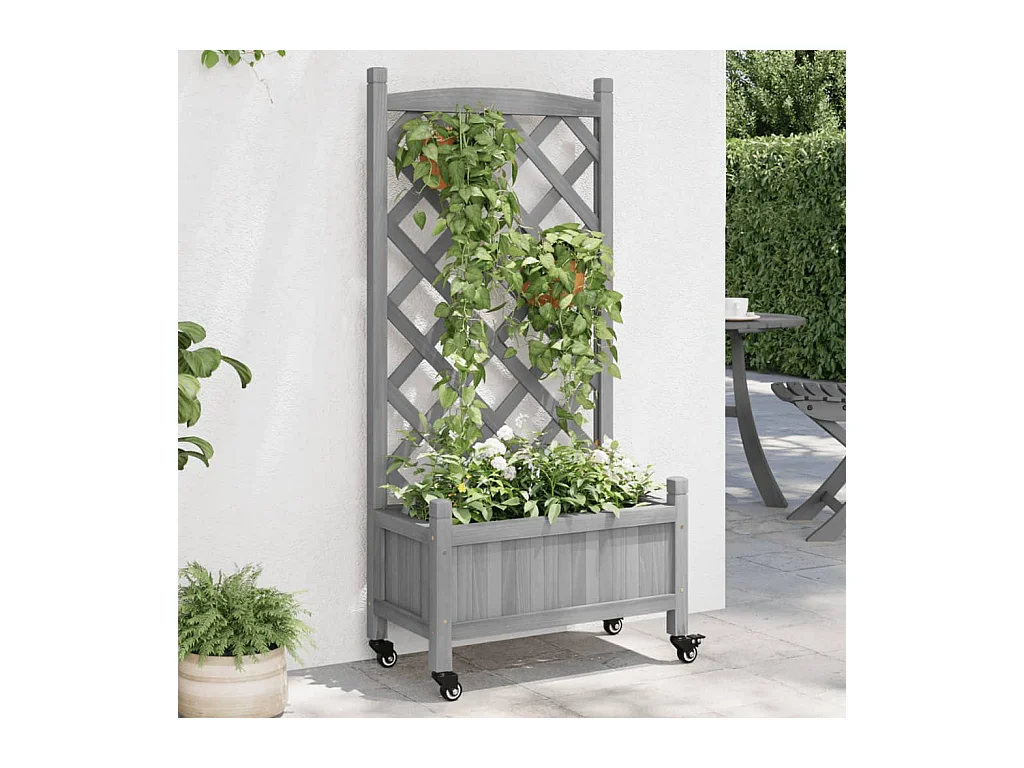Jardinière avec treillis et roues gris bois massif de sapin