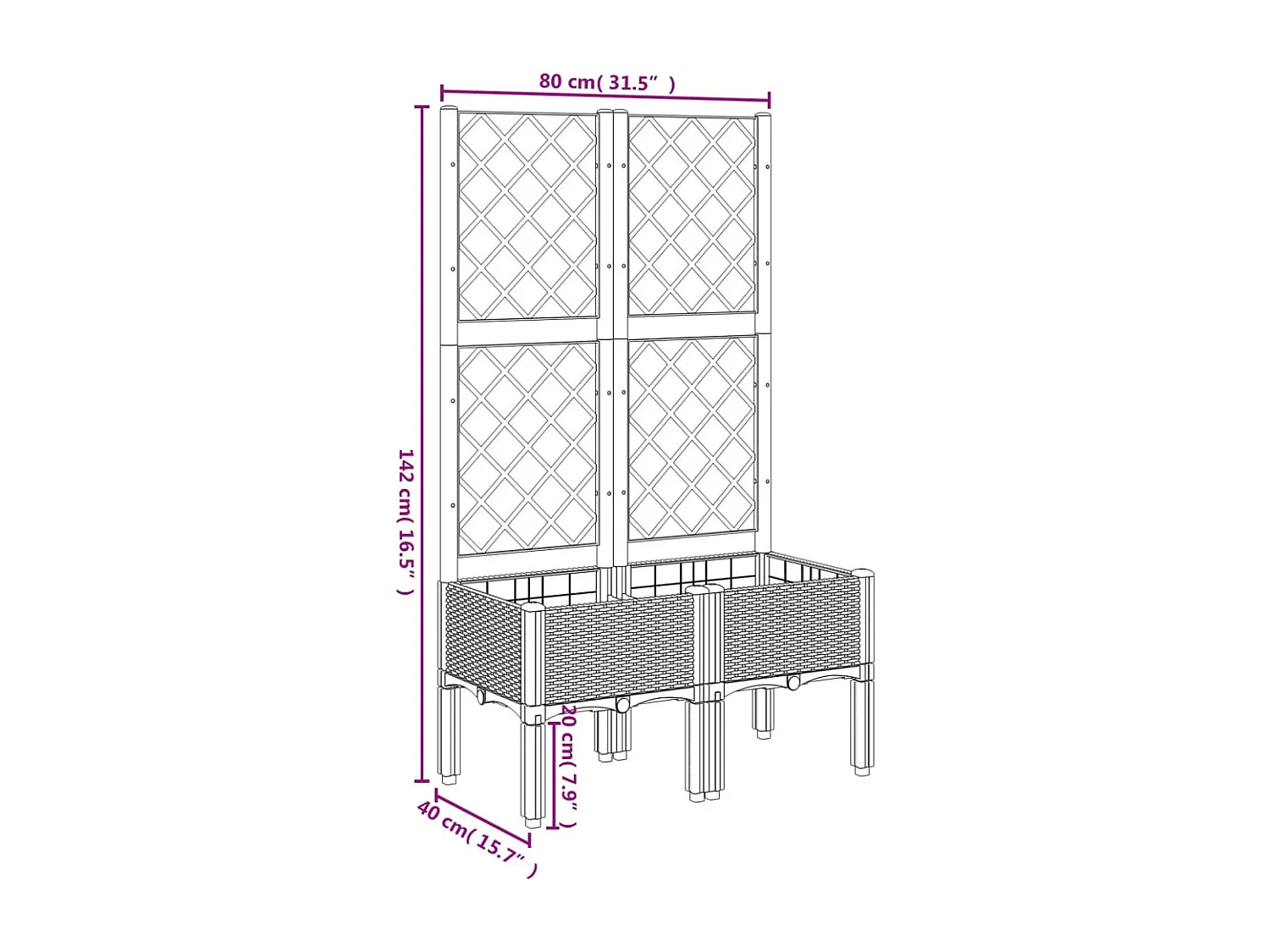 Vaso/floreira de jardim c/ treliça 80x40x142 cm PP castanho