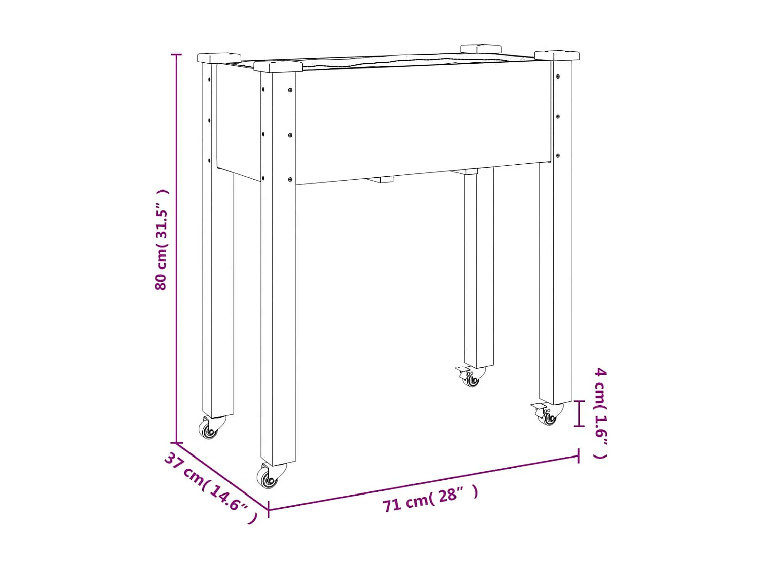 Floreira c/ forro e rodas 71x37x80 cm abeto maciço cinzento