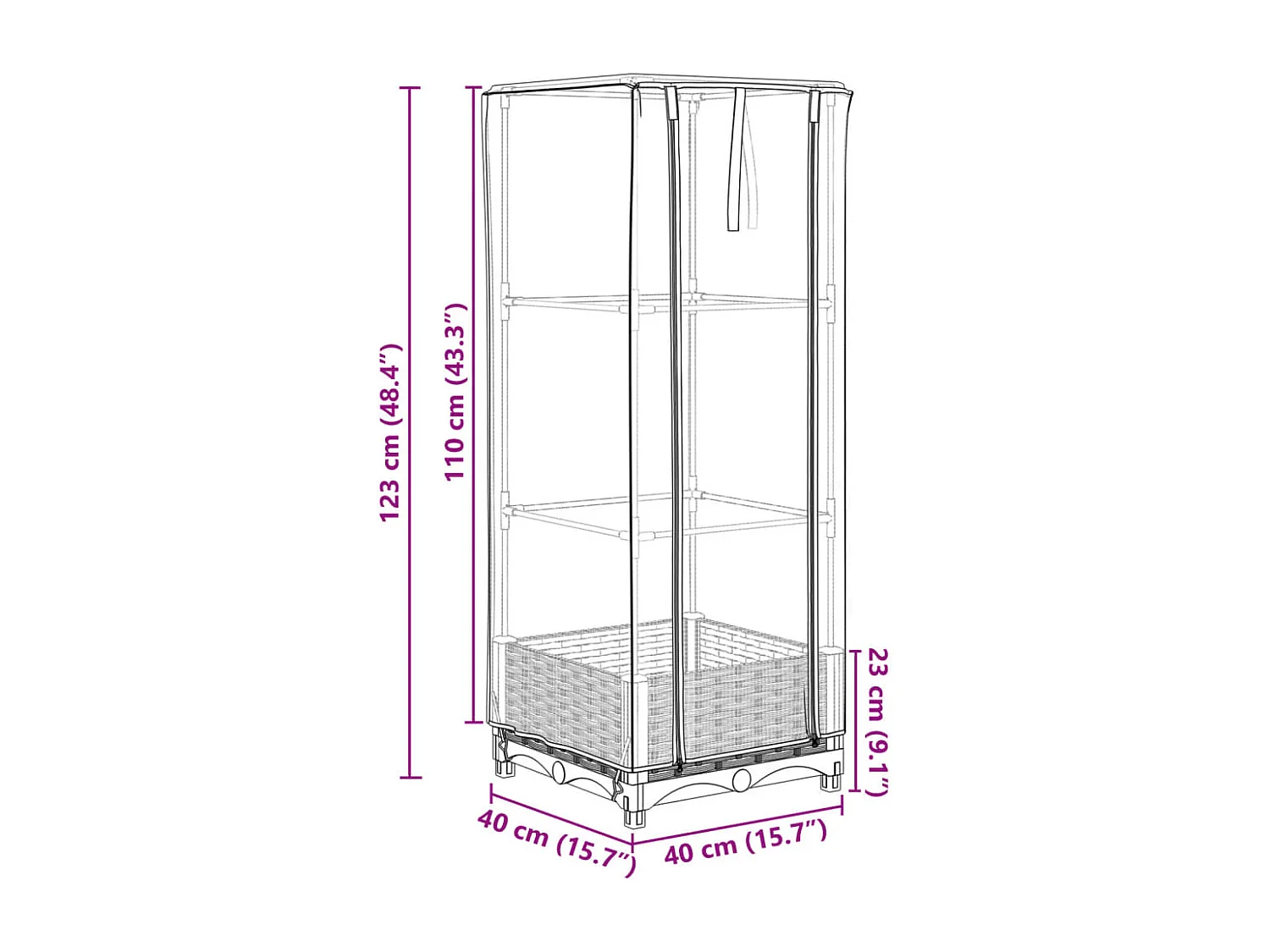 Jardinière surélevée avec housse aspect rotin 40x40x123 cm
