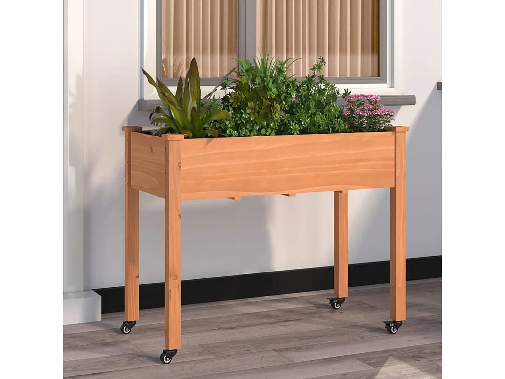 Jardinière sur roues avec doublure brun 118x59x80 cm bois sapin