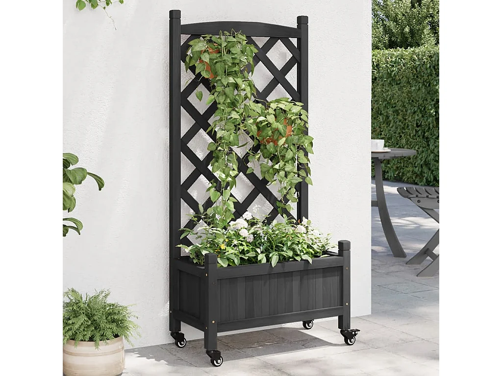 Jardinière avec treillis et roues noir bois massif de sapin