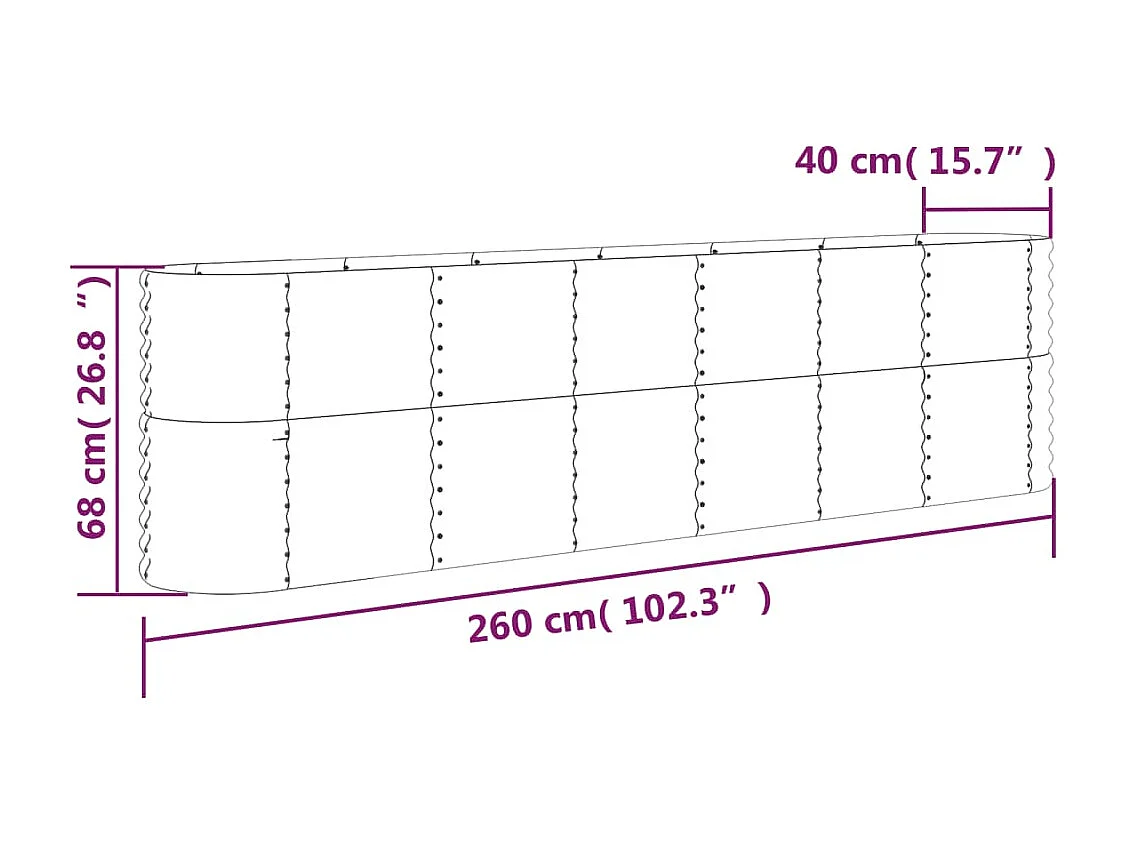 Lit surélevé de jardin Acier enduit de poudre 260x40x68 cm gris