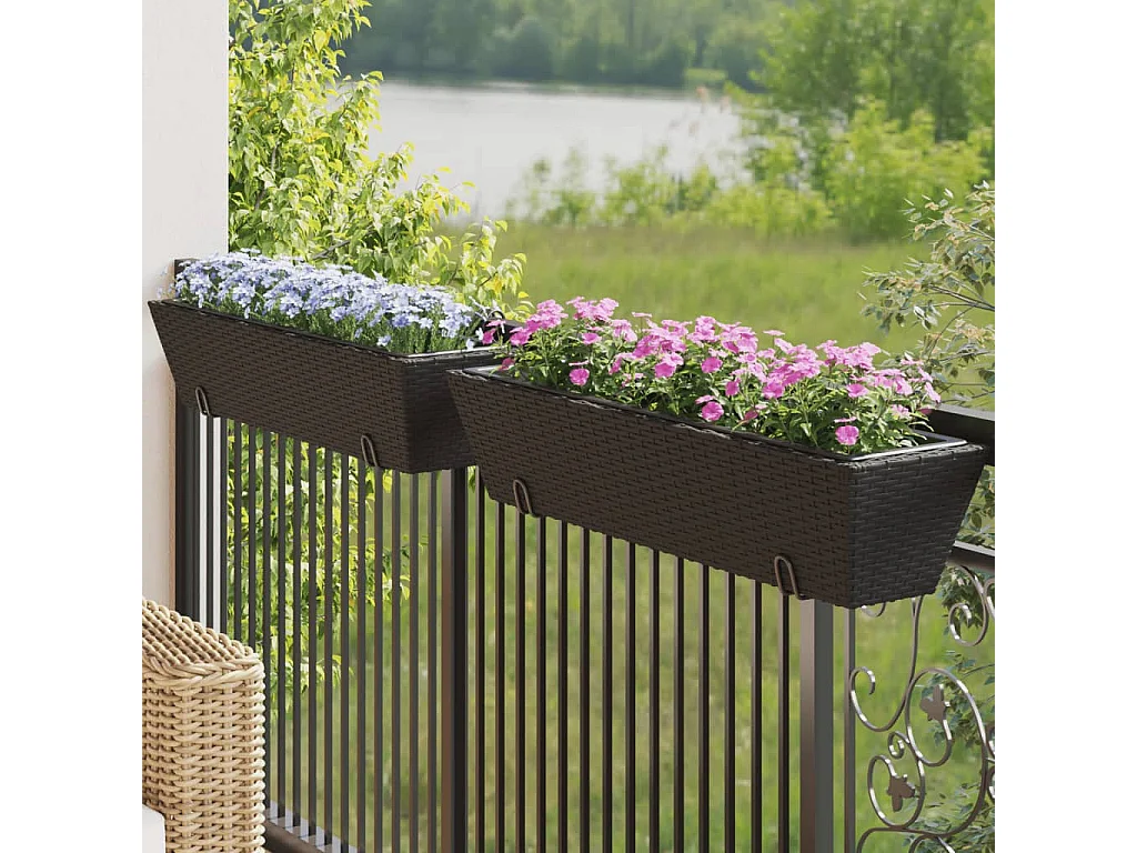 Jardinières avec crochets 2 pcs noir résine tressée