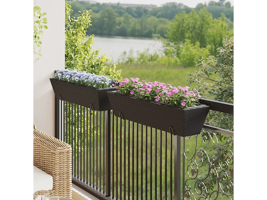 Jardinières avec crochets 2 pcs noir résine tressée