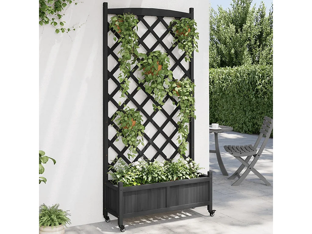 Plantenbak met latwerk en wielen massief vurenhout zwart