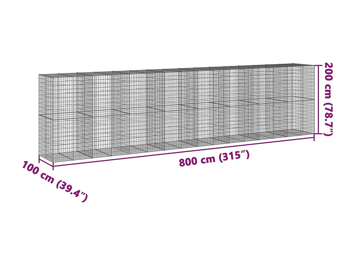 Cesto Gabbione con Copertura 800x100x200 cm in Ferro Zincato