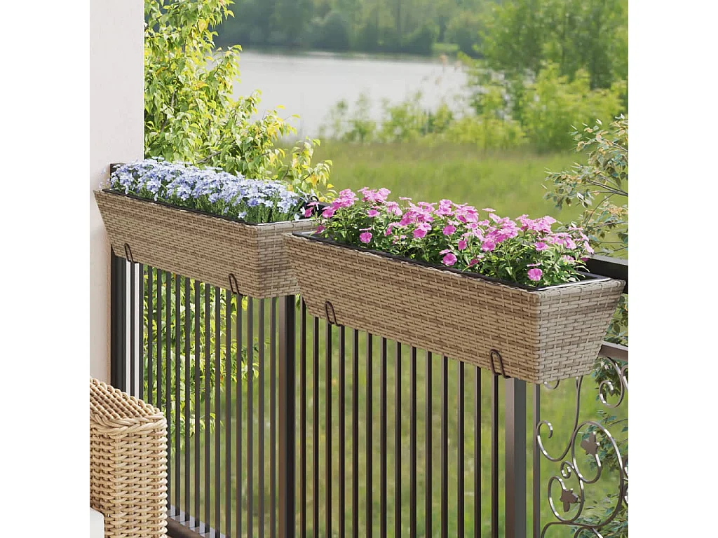 Canteiros com ganchos 2 pcs vime PE cinzento