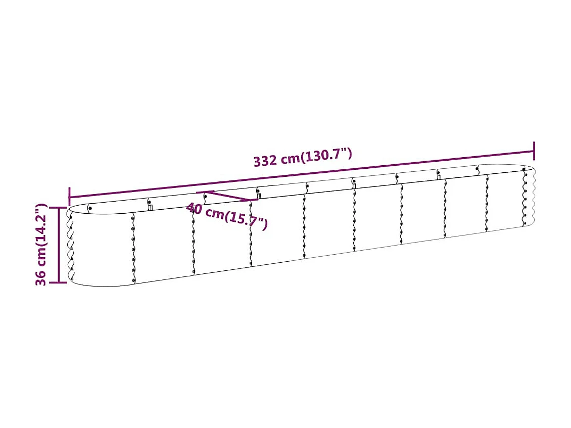 Canteiro elevado jardim 332x40x36cm aço revestido a pó castanho
