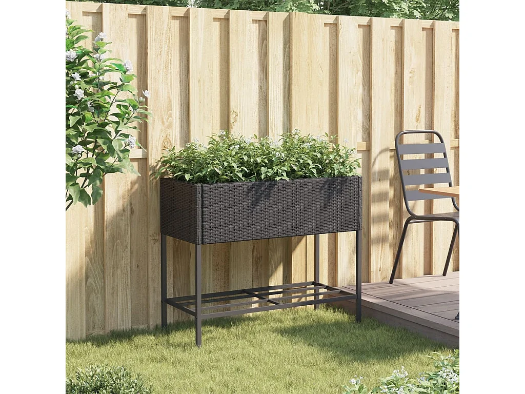 Jardinera con estante ratán sintético negro