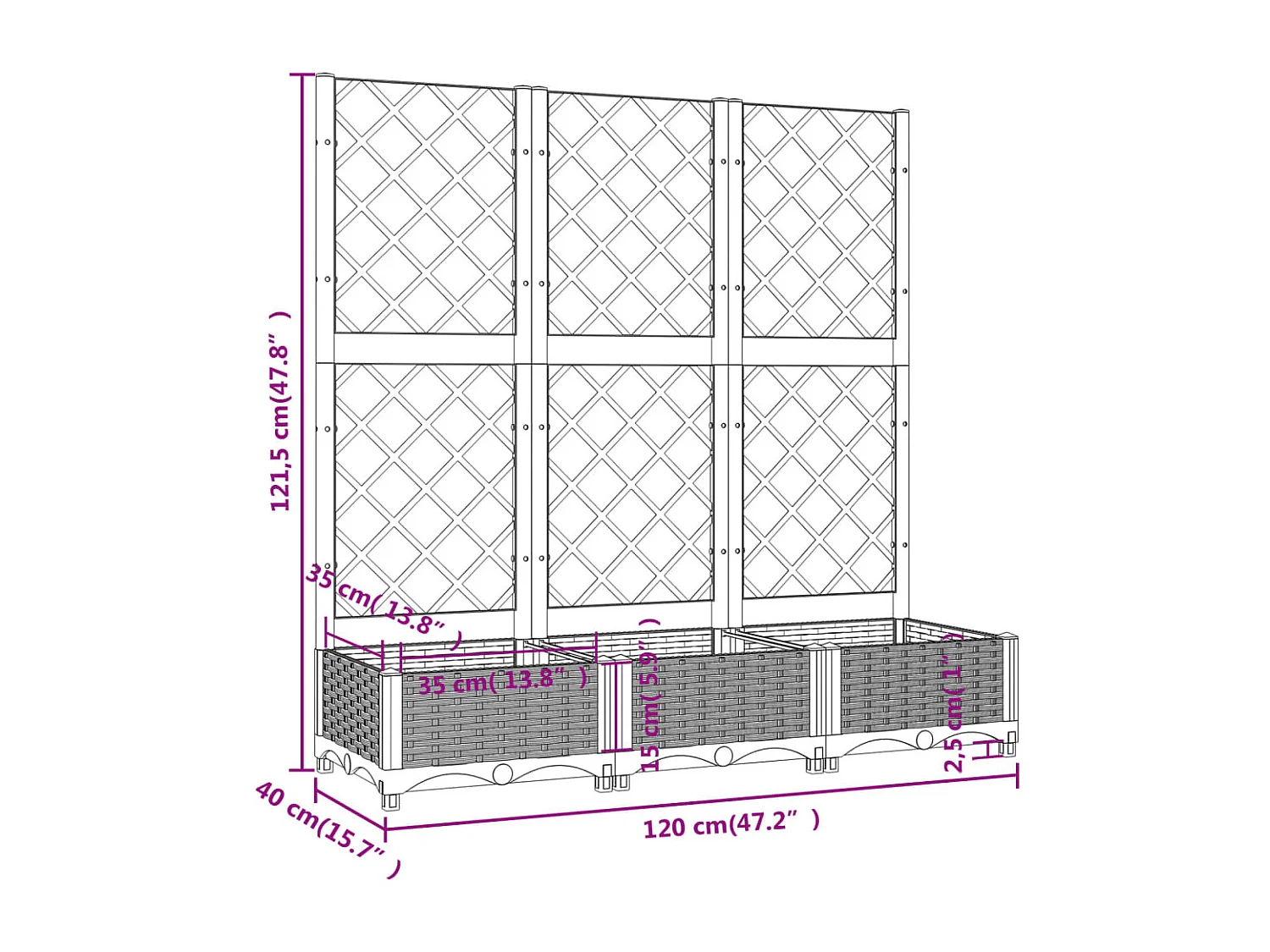Plantenbak met latwerk 120x40x121,5 cm polypropeen lichtgrijs