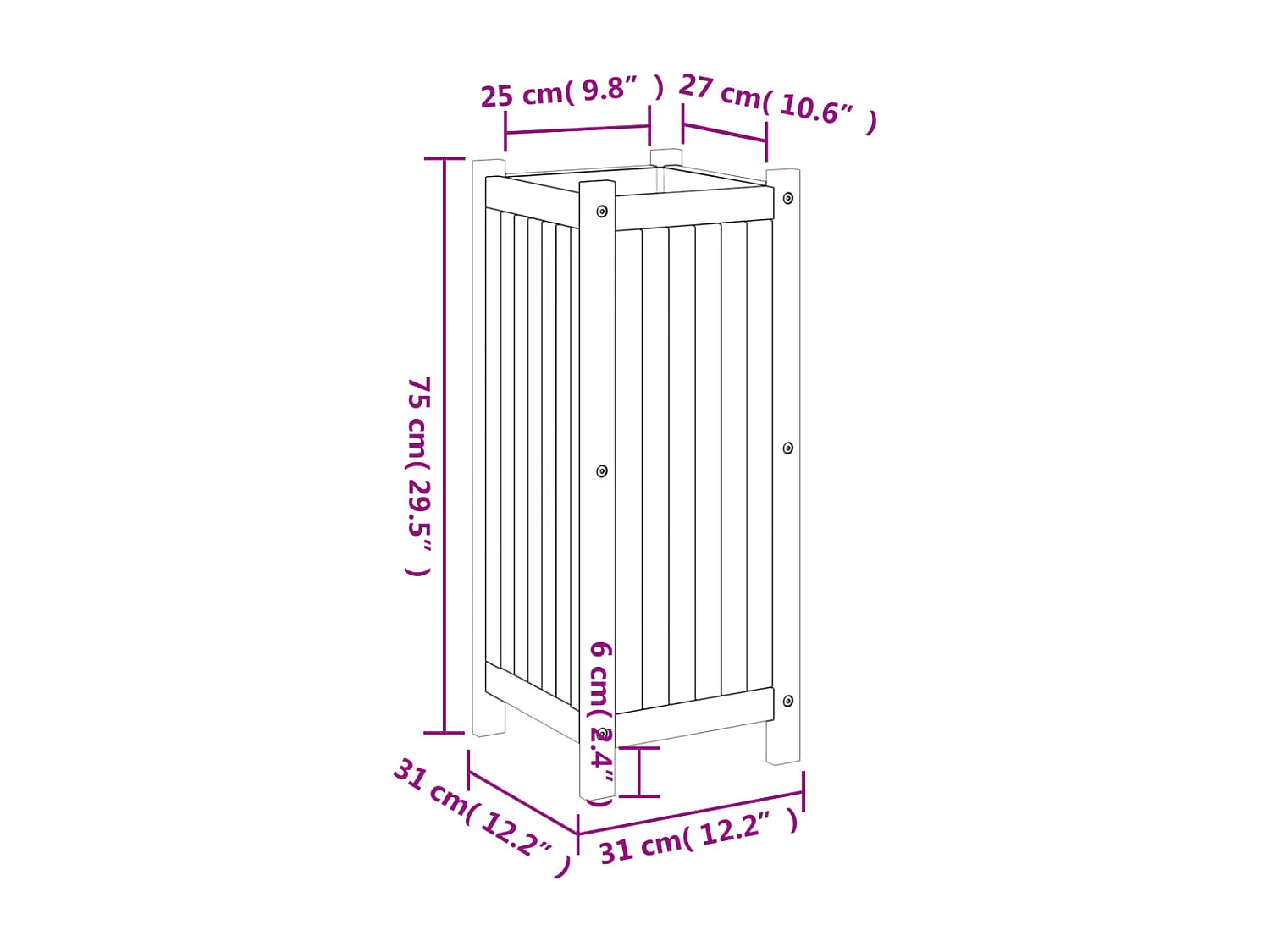 Plantenbak met voering 31x31x75 cm massief acaciahout