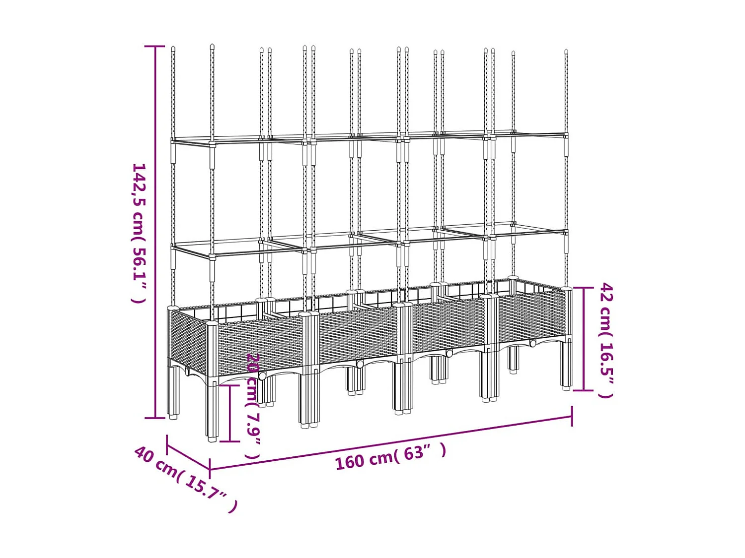 Jardinière avec treillis noir 160x40x142,5 cm PP