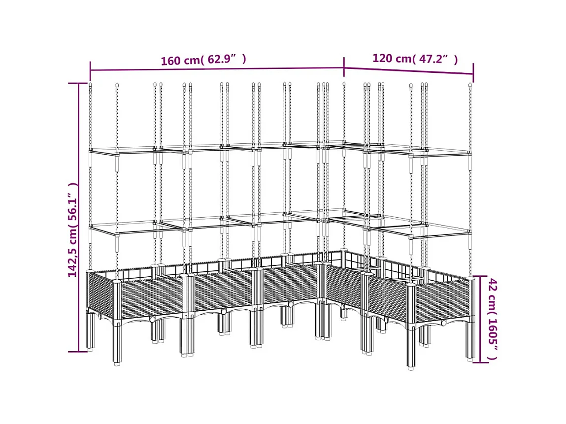 Jardinière avec treillis bleu gris 160x120x142,5 cm PP