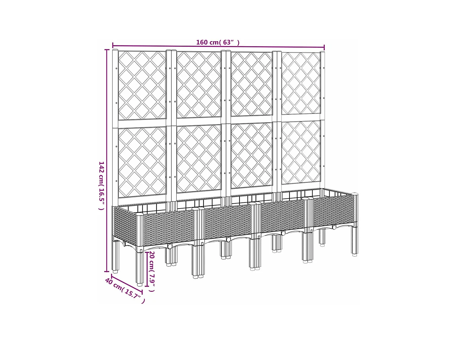 Jardinière avec treillis gris clair 160x40x142 cm PP