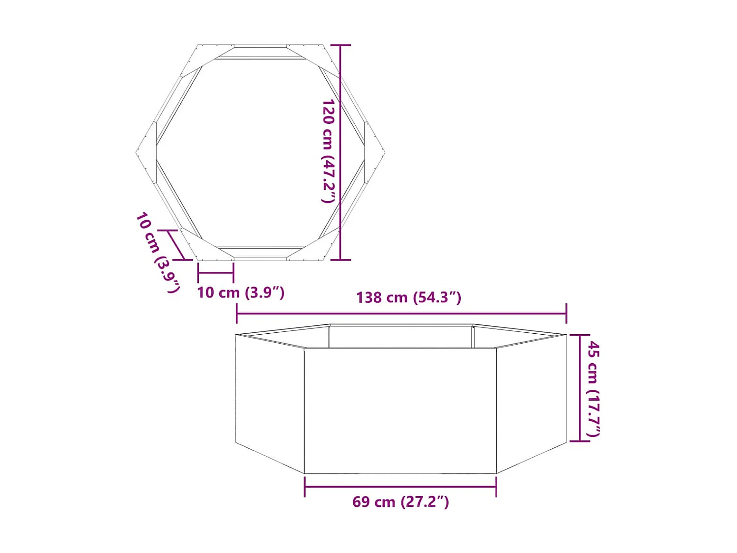 Jardinière noir hexagone 138x120x45 cm acier