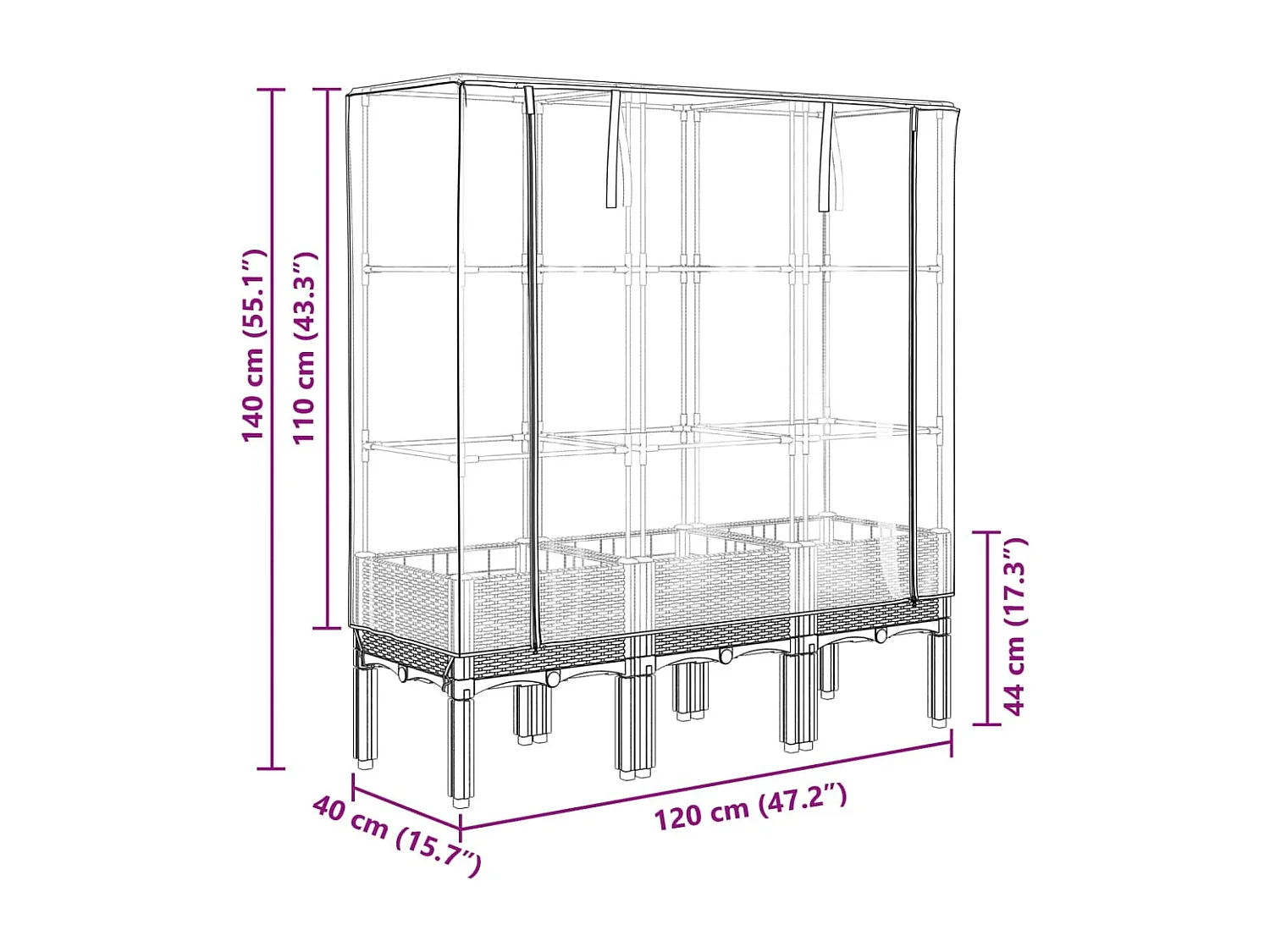 Hochbeet mit Gewächshaus-Aufsatz Rattan-Optik 120x40x140 cm