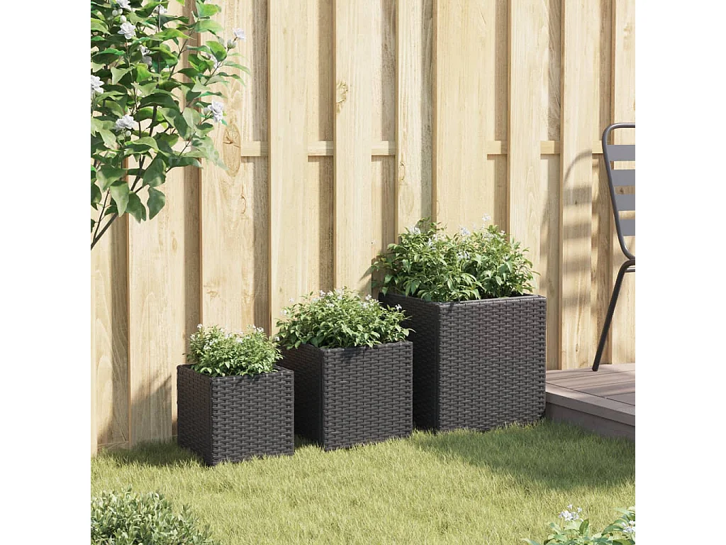 Jardinières d'extérieur 3 pcs noir résine tressée