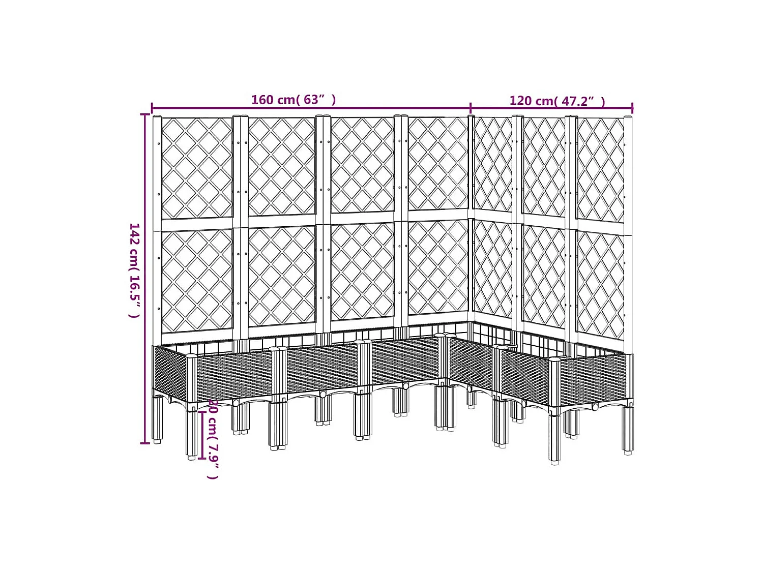 Vaso/floreira de jardim c/ treliça 160x120x142cm PP cinza-claro