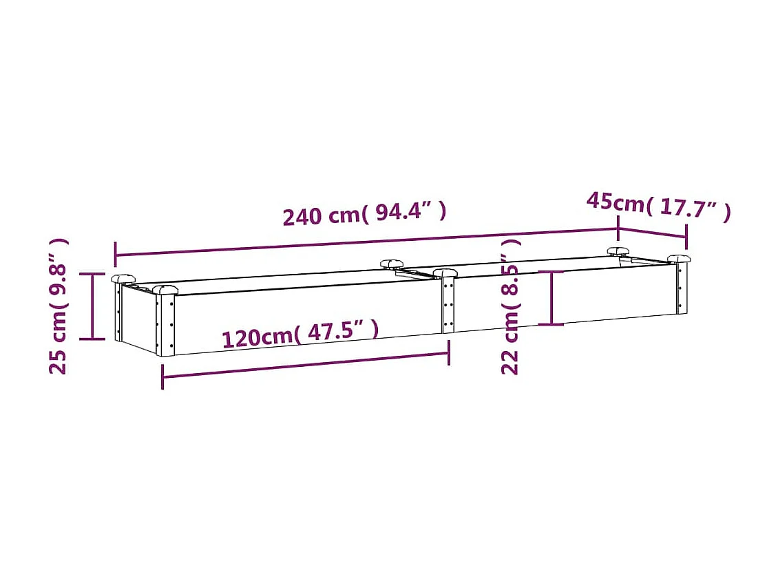 Canteiro elevado c/ forro 240x45x25 cm abeto maciço cinzento