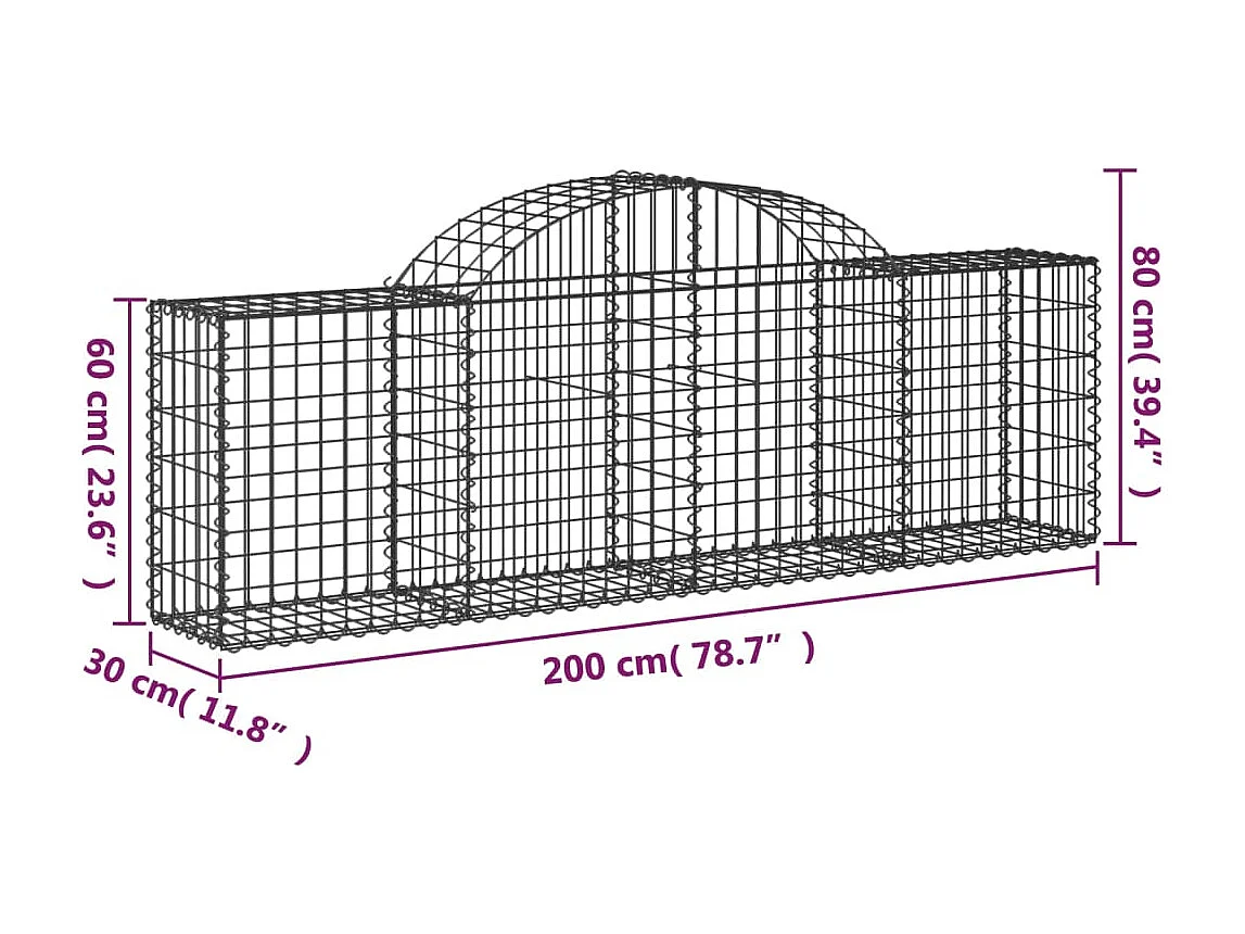 Gabionen mit Hochbogen 50 Stk. 200x30x60/80 cm Verzinktes Eisen