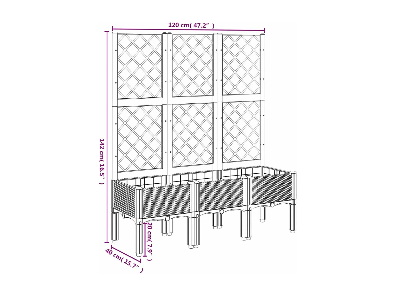 Vaso/floreira de jardim c/ treliça 120x40x142 cm PP castanho