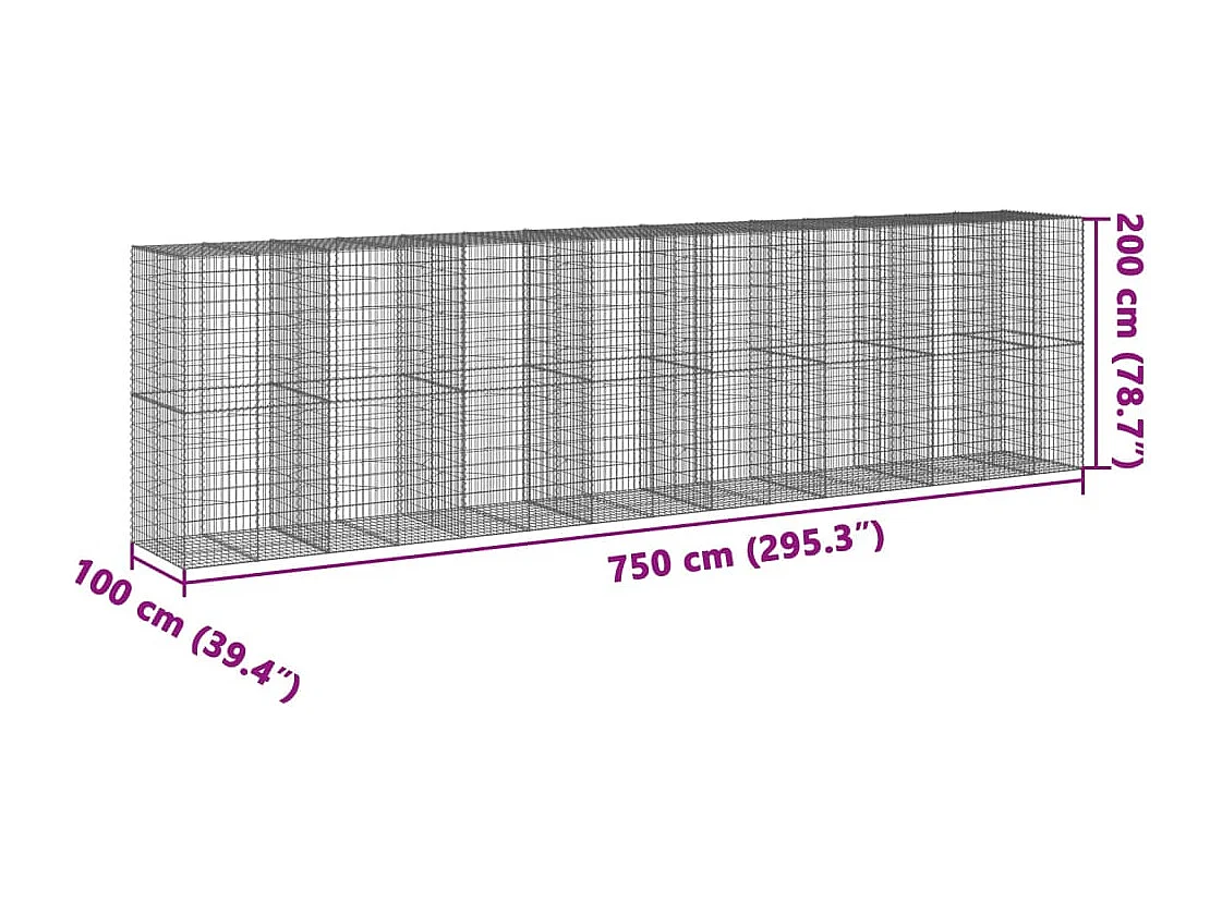 Panier gabion avec couvercle 750x100x200 cm fer galvanisé