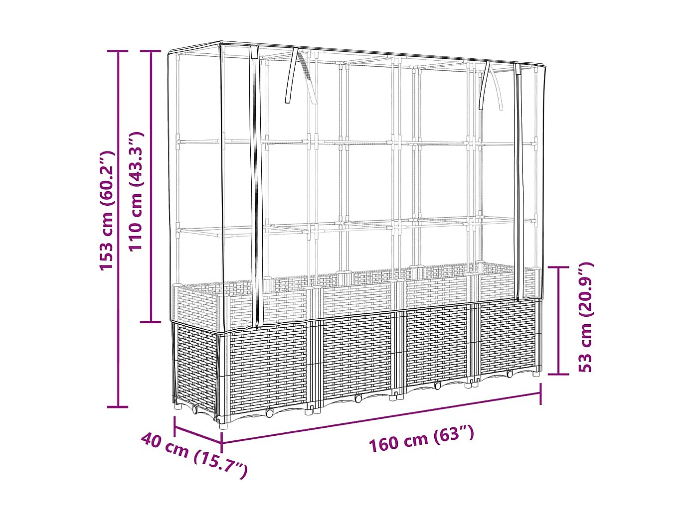 Jardinière surélevée avec housse aspect rotin 160x40x153 cm
