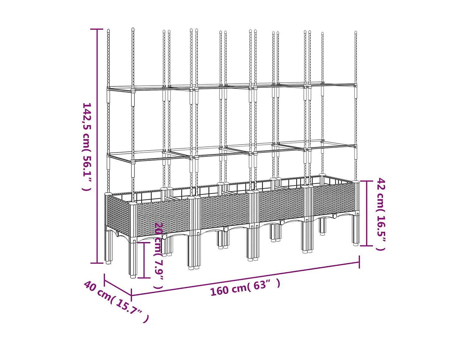 Vaso/floreira de jardim c/ treliça 160x40x142,5cm PP castanho