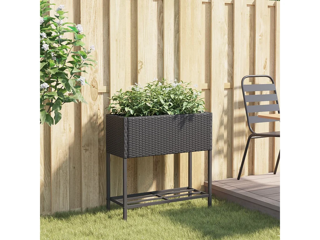 Jardinera con estante ratán sintético negro