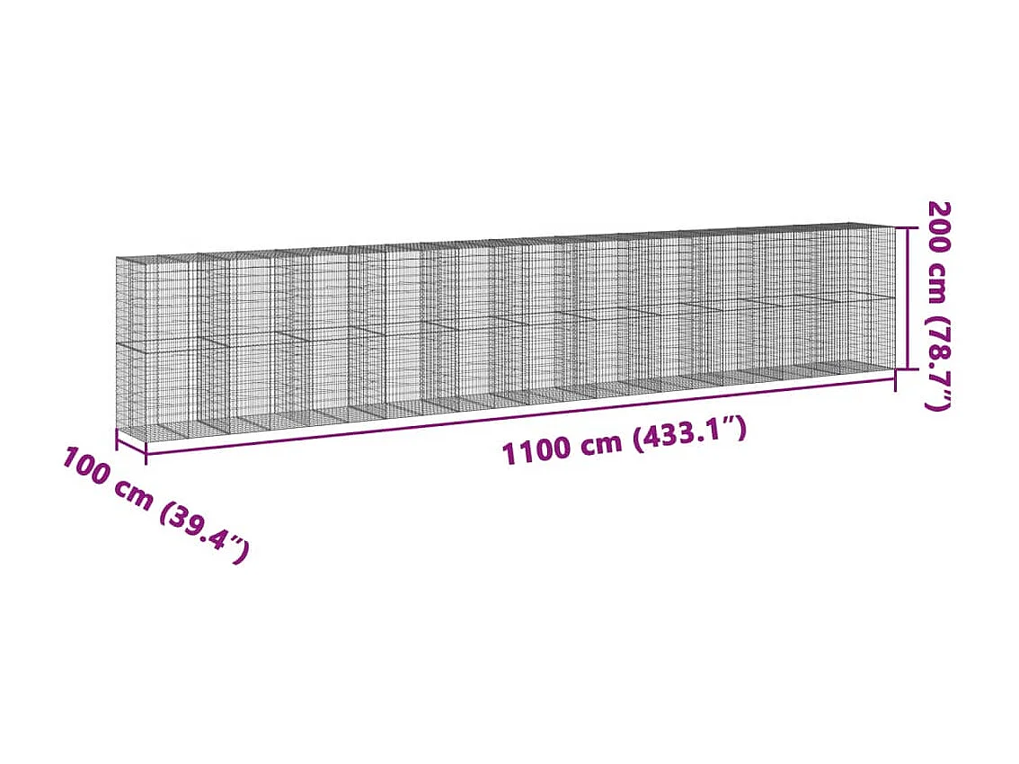 Cesto Gabbione con Copertura 1100x100x200 cm in Ferro Zincato
