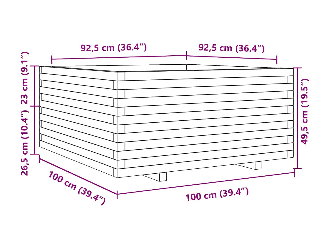 Jardinière cire marron 100x100x49,5 cm bois de pin massif