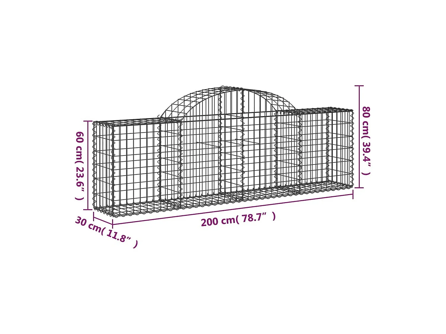 Gabionen mit Hochbogen 40 Stk. 200x30x60/80 cm Verzinktes Eisen